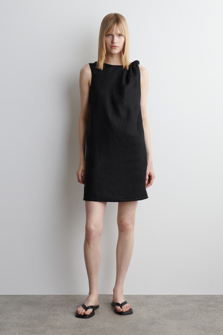Twist-Detail Linen Mini Dress, Main, color, BLACK