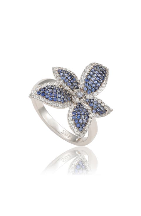 Floral Sterling Silver White Sapphire Blue Sapphire Brown Diamond Ring