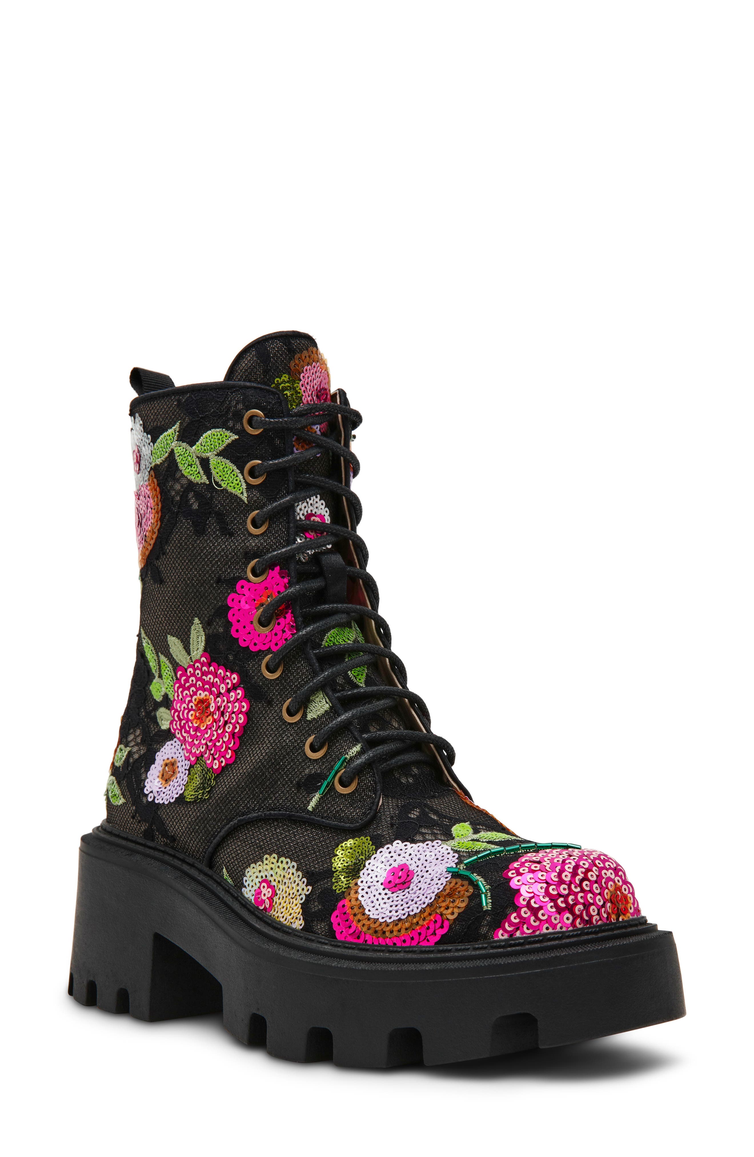 Zina Sequin Lace Combat Boot, Main, color, BLACK FLORAL