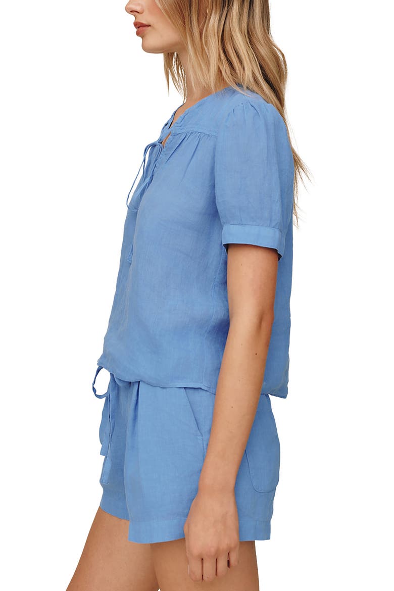 Flowy Puff Sleeve Linen Top, Alternate, color, OCEAN BLUE