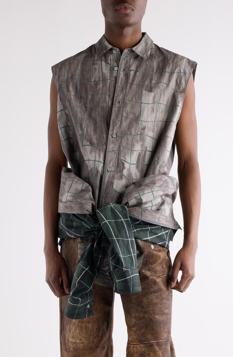 Acne Studios Sayer Painted Check Papery Cotton Poplin Layered Button-Up Shirt, Alternate, color, Green/ Grey