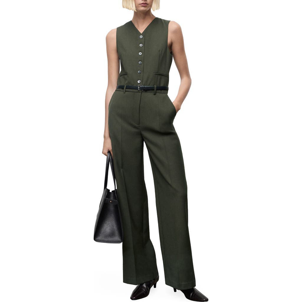 Mango Belted Sleeveless Jumpsuit In Green