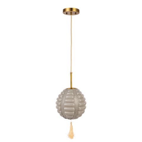 Art Glass Vintage Reproduction Pendant Lamp with Fabric Tassel, Grey and Cream Color