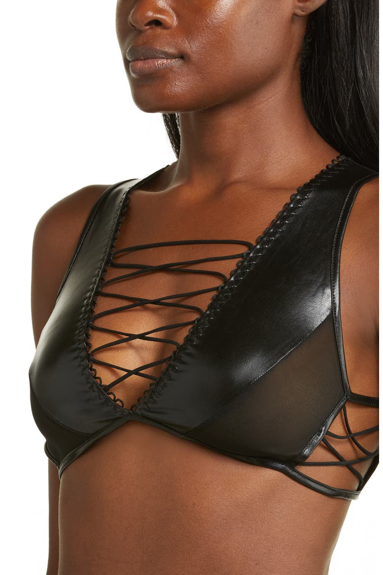 Strappy Faux Leather & Mesh Bralette, Alternate, color, BLACK