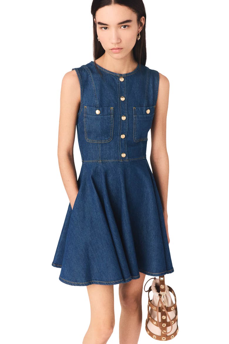 Short flared denim dress, Main, color, Navy