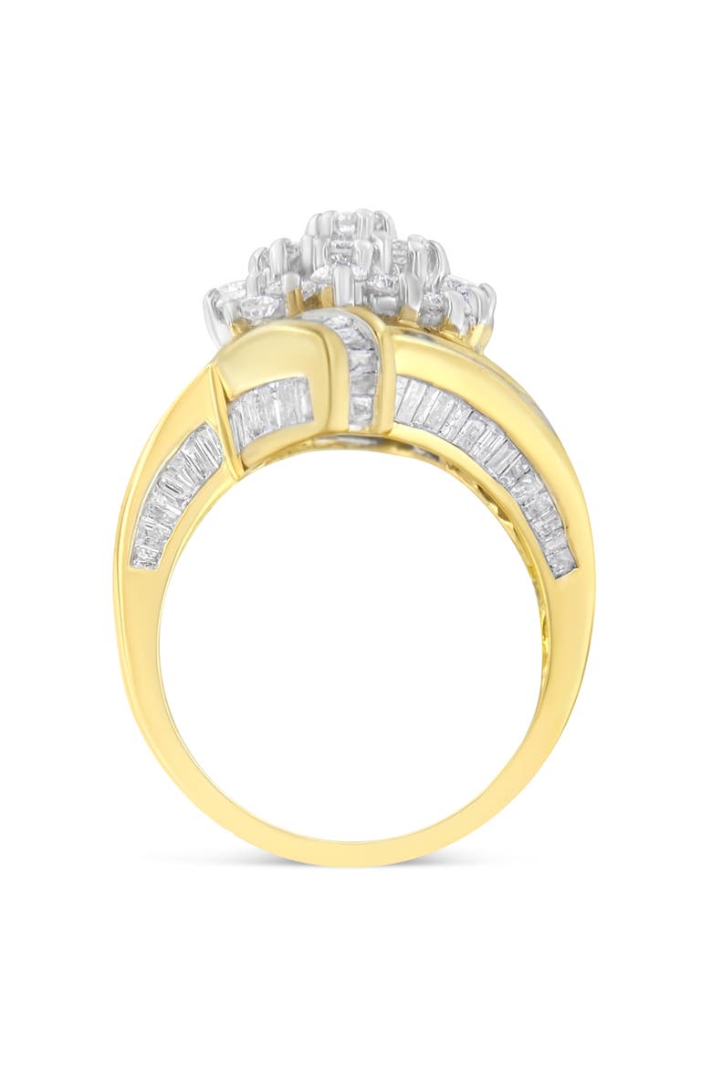10K Gold 3 Ctw Round and Baguette Diamond Crossover Cluster Ring, Alternate, color, Yellow Gold