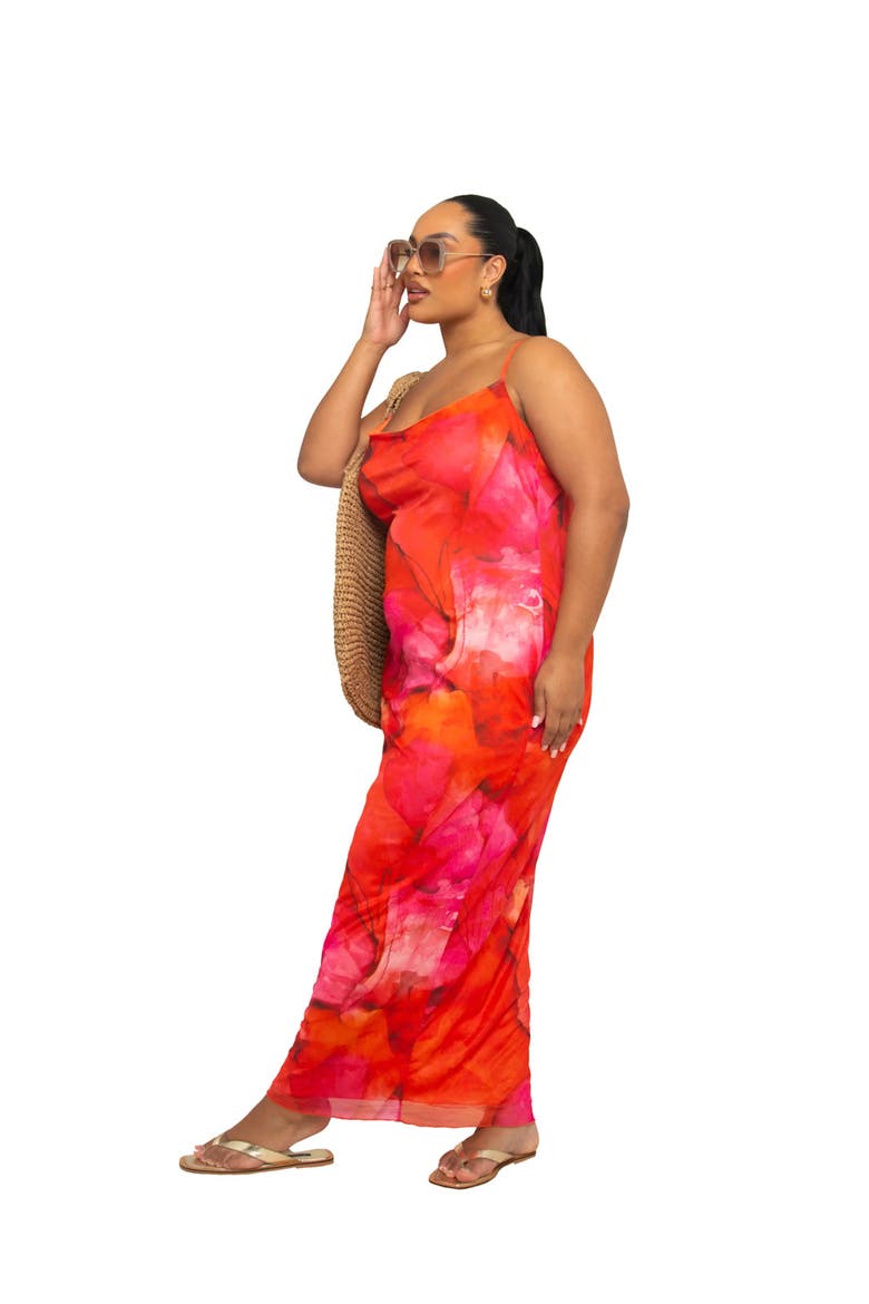 Strappy Abstract Print Mesh Maxi Dress, Alternate, color, Red