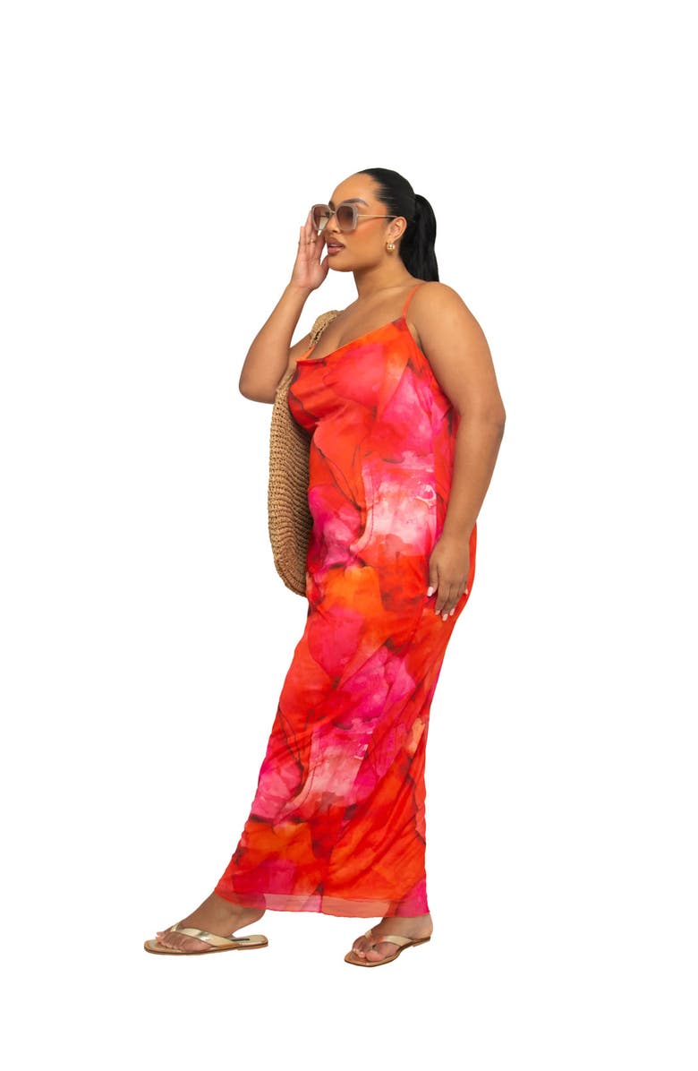 FASHION-SZN CURVE Strappy Abstract Print Mesh Maxi Dress, Alternate, color, Red