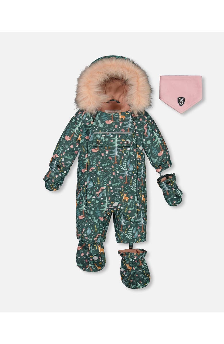 Deux par Deux Baby Girl's One Piece Baby Snowsuit Sage Printed Woodland Animals Designed For Car Seat, Main, color, 