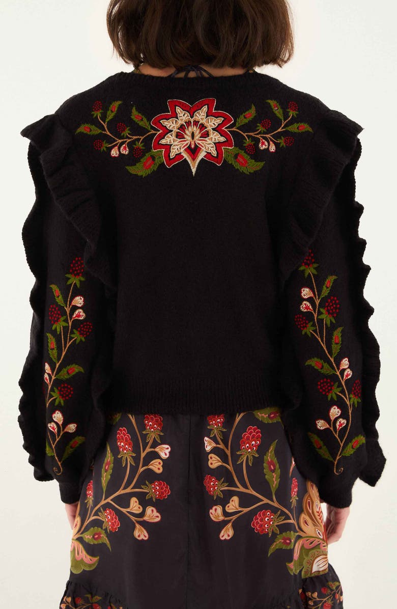 FARM Rio Berry Embroidered Ruffle Cardigan, Alternate, color, Black