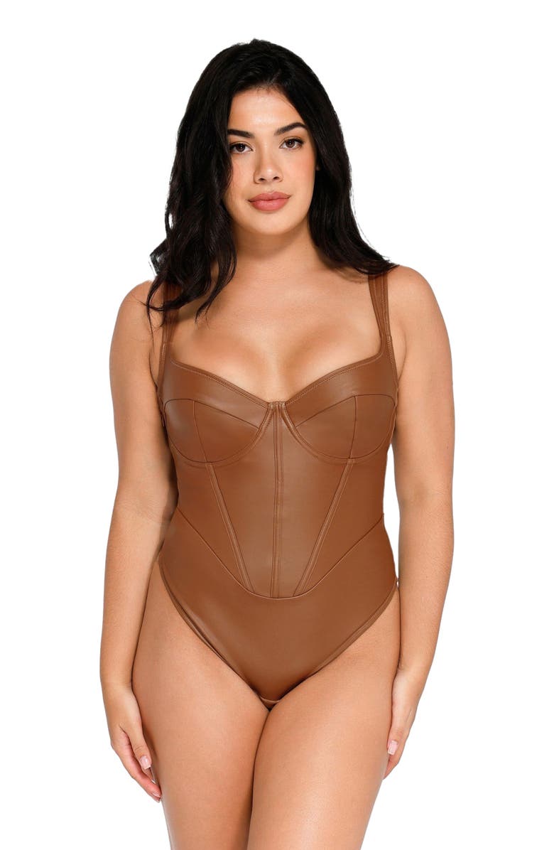 Popilush Shapewear Faux Leather Hourglass Corset Bodysuit, Main, color, Dark Brown