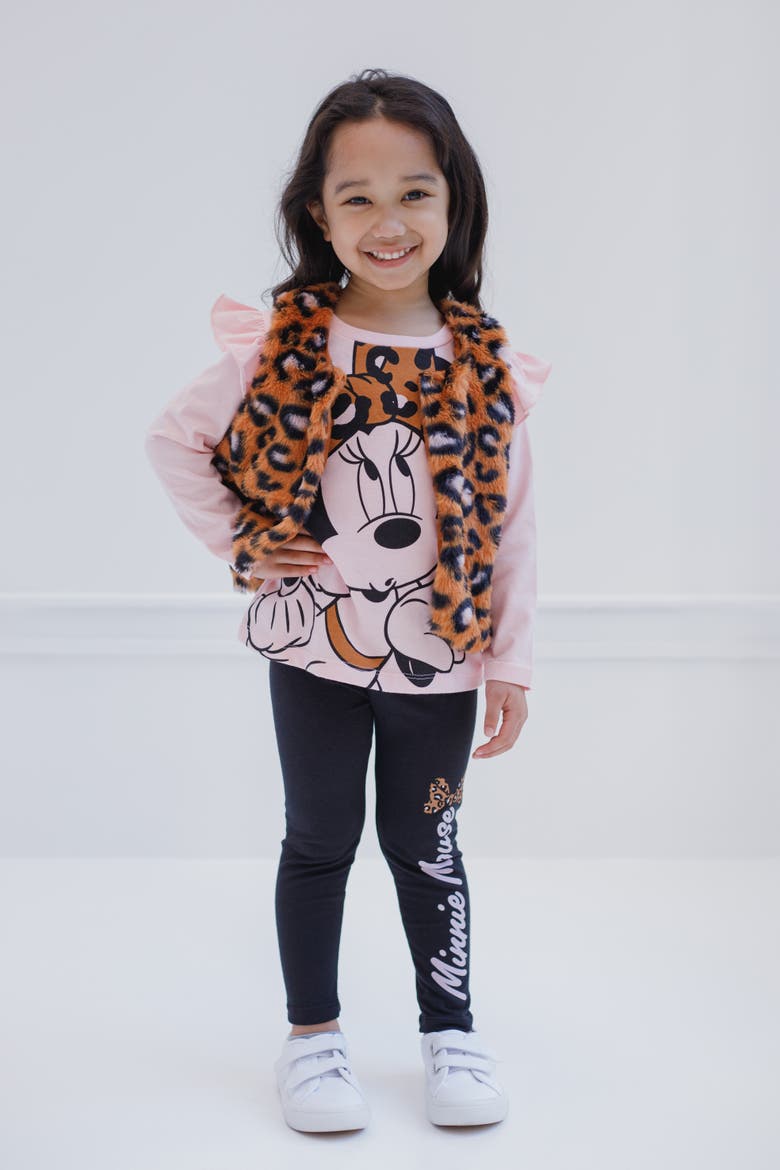 Minnie Mouse Faux Fur Vest Tee and Leggings Set, Alternate, color, Minnie Pink Leopard