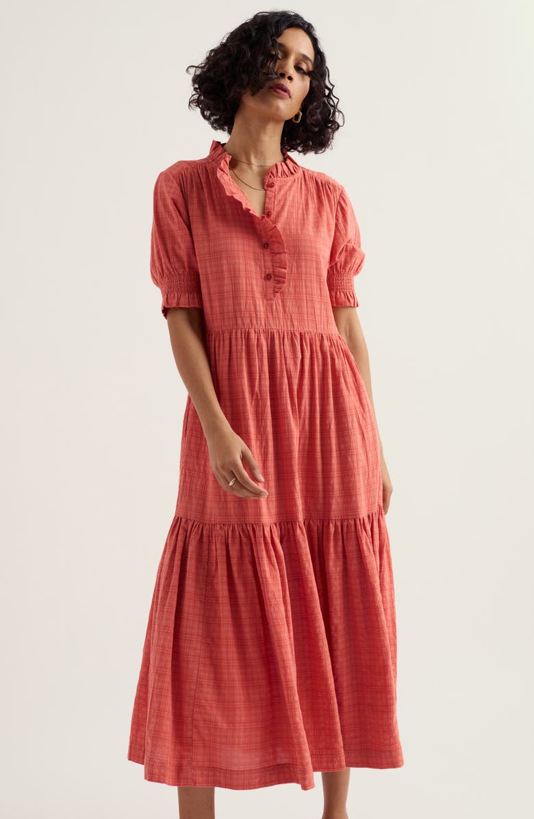 Seasalt Cornwall Feather Star Puff Sleeve Tiered Organic Cotton Blend Dress, Alternate, color, Dusky Coral