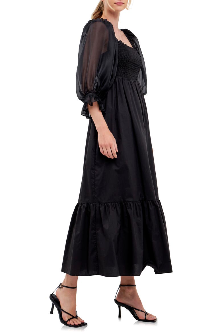 Smocked Poplin & Organza Midi Dress, Alternate, color, BLACK