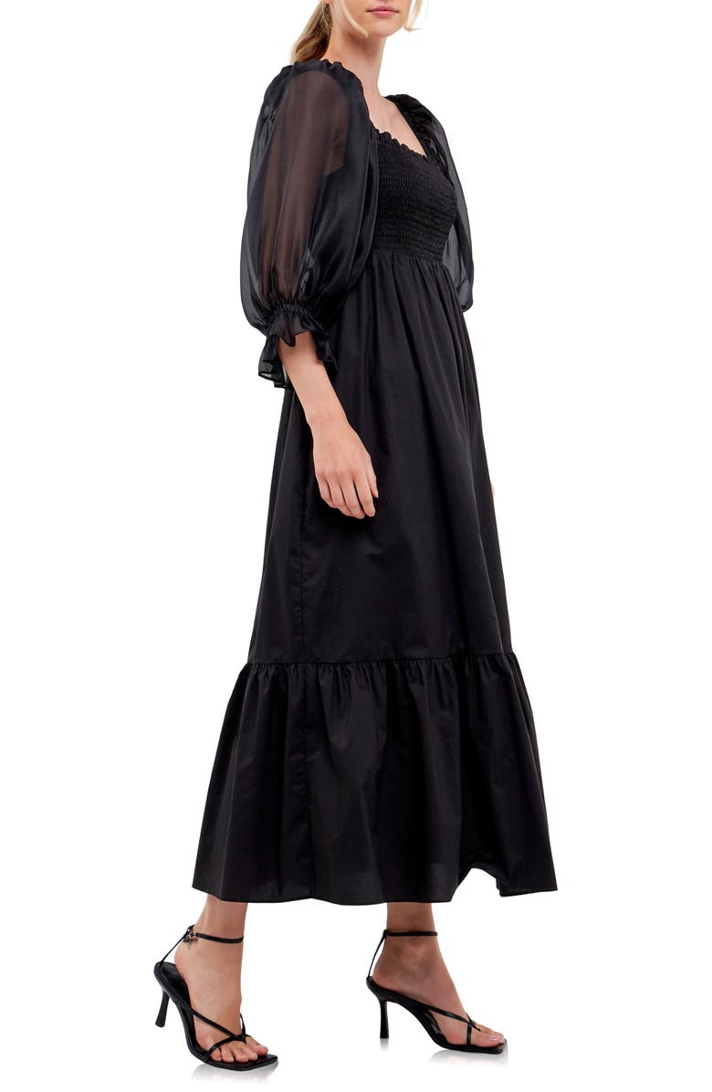 English Factory Smocked Poplin & Organza Midi Dress, Alternate, color, Black