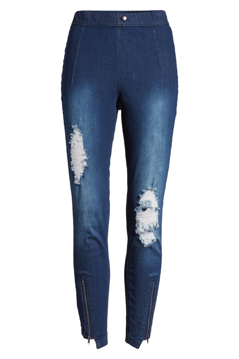 High Waist Distressed Denim Skimmer Leggings, Alternate, color, INK WASH