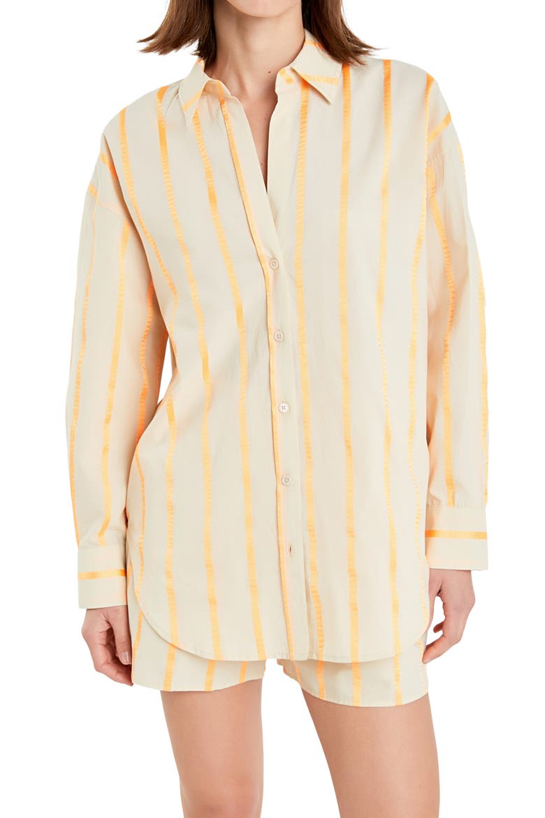 Oversize Taped Stripe Long Sleeve Button-Up Shirt, Alternate, color, BEIGE/ ORANGE