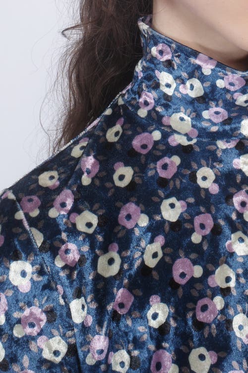 Anna Sui Posie Stretch Velvet Turtleneck Dress In Cornflower Multi