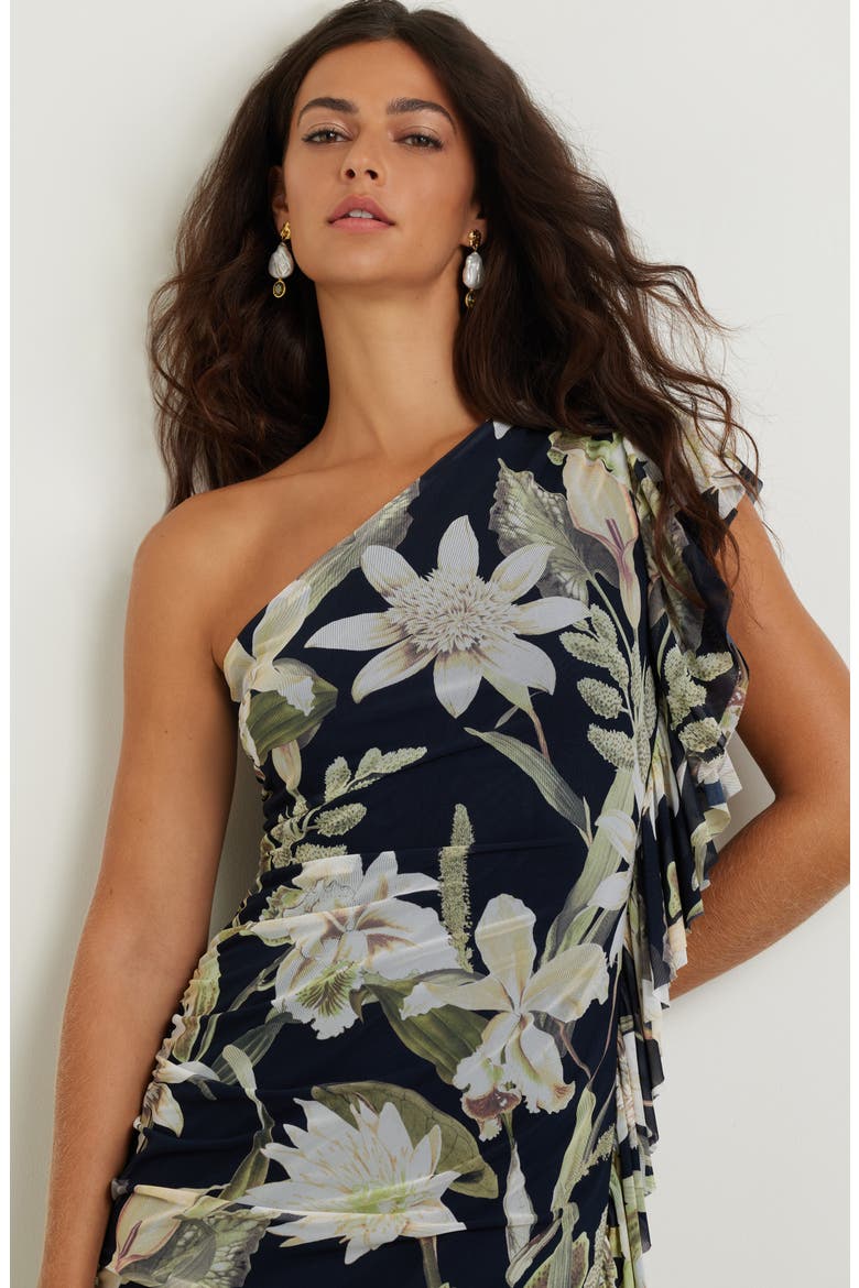 Drape Ruffle One-Shoulder Maxi Dress, Alternate, color, NAVY- GREEN ISLAND FLORAL