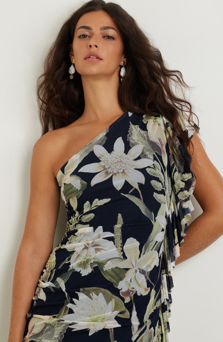 Chelsea28 Drape Ruffle One-Shoulder Maxi Dress, Alternate, color, Navy- Green Island Floral