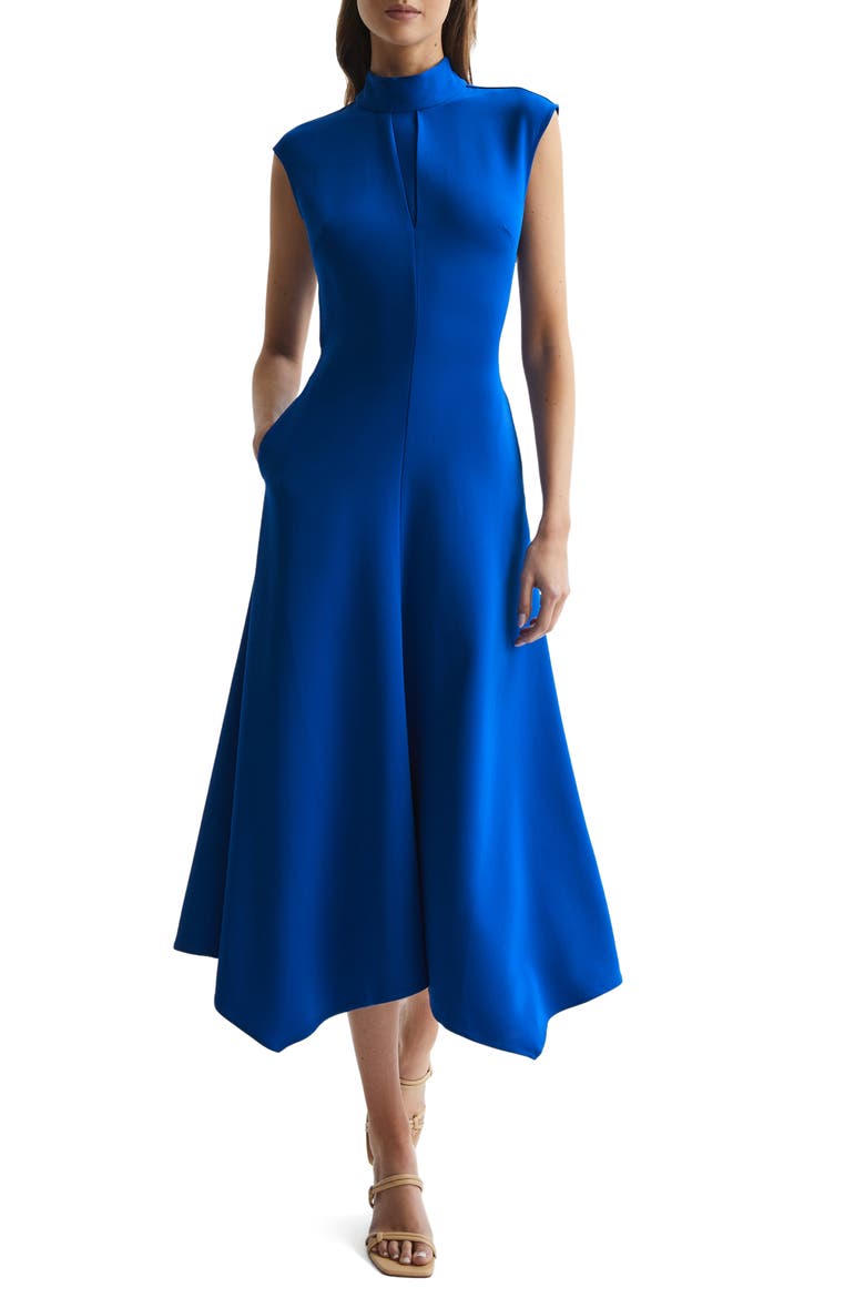 Livvy Mock Neck Open Back Fit & Flare Dress, Main, color, BLUE