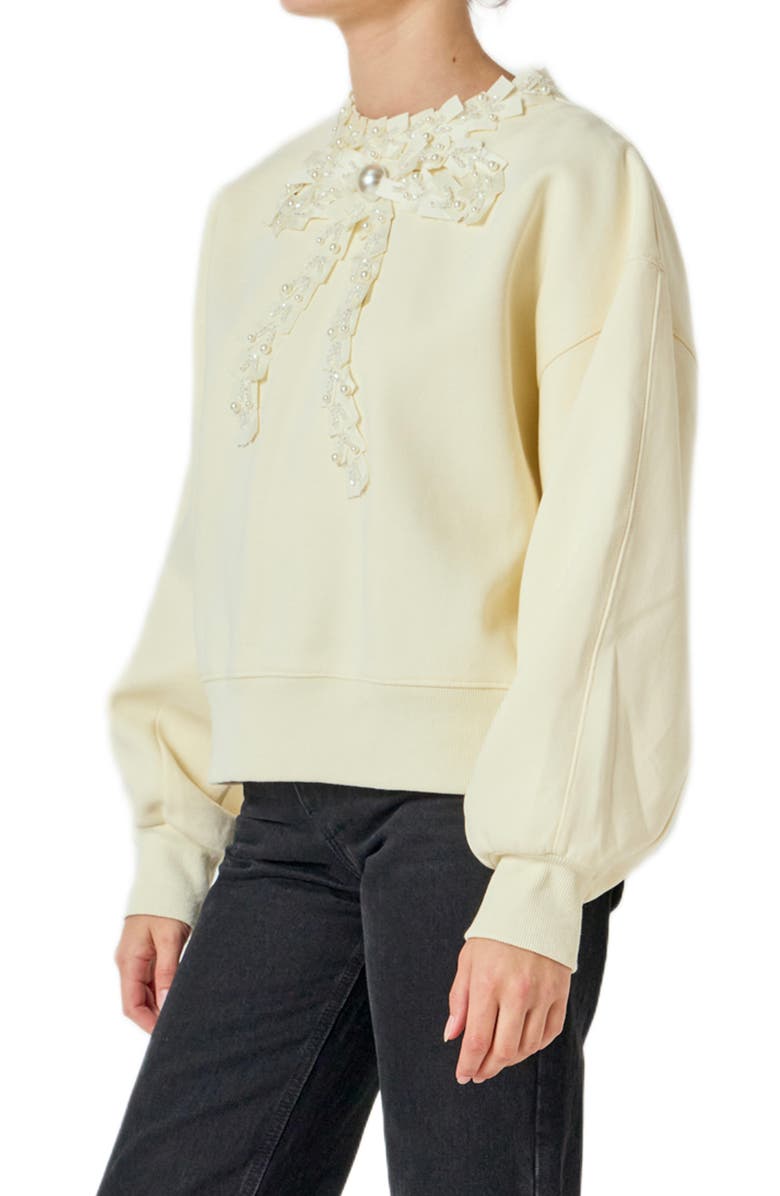 English Factory Beaded Ribbon Neck Sweatshirt, Alternate, color, Cream