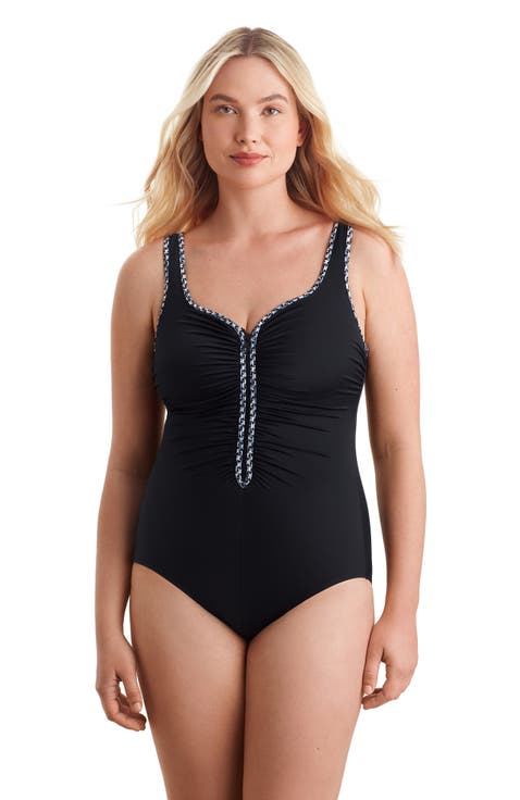 Shirred Zipper Tank Chlorine Resistant One-Piece Swimsuit