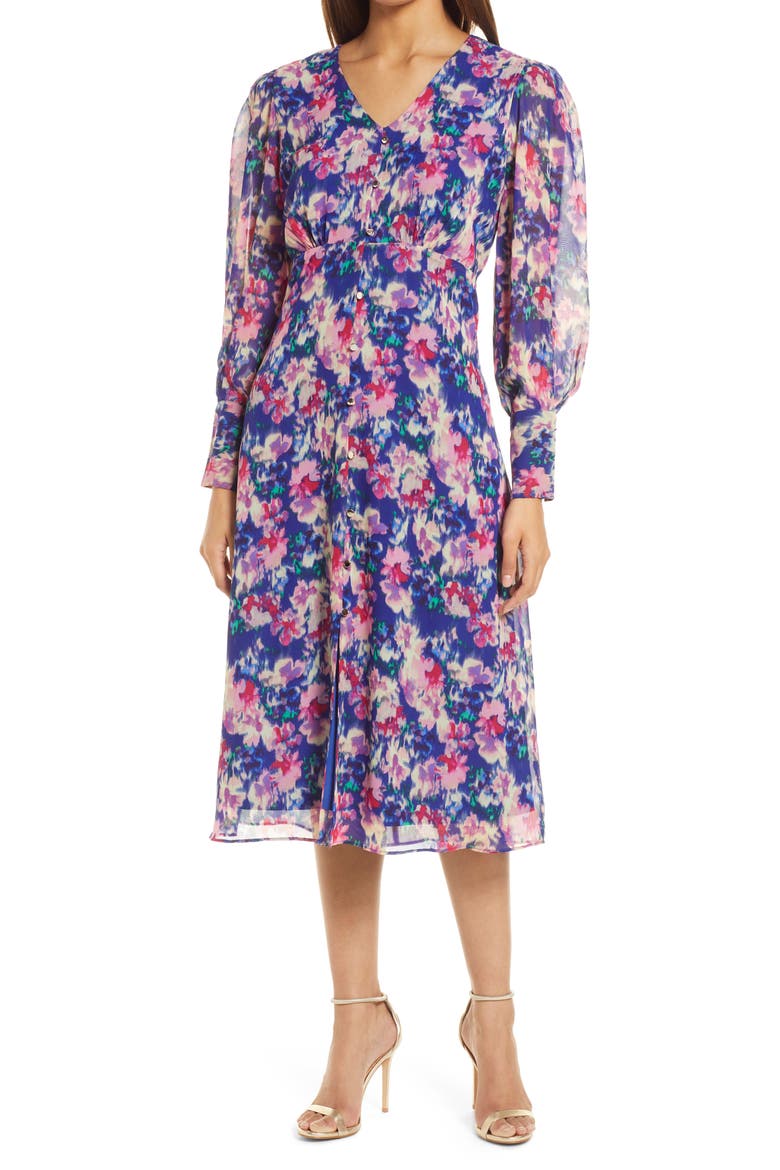 Floral Long Sleeve Midi Dress, Main, color, BLUE MULTI