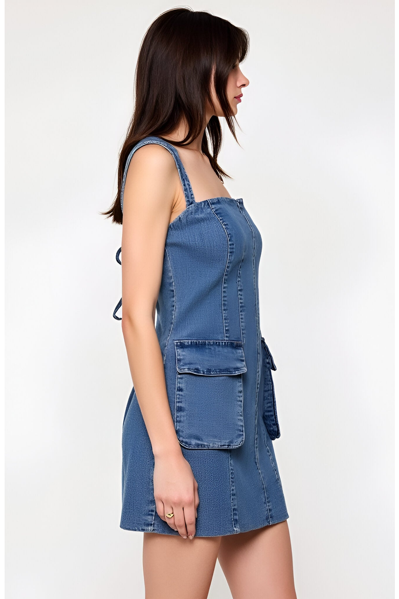 Square Neck Denim Mini Dress with Flap Patch Pockets, Alternate, color, Denim Blue