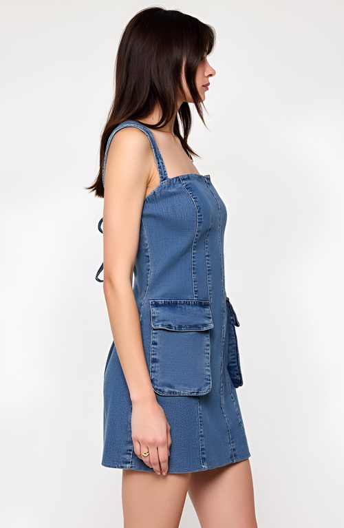 Modenaire Square Neck Denim Mini Dress With Flap Patch Pockets In Blue