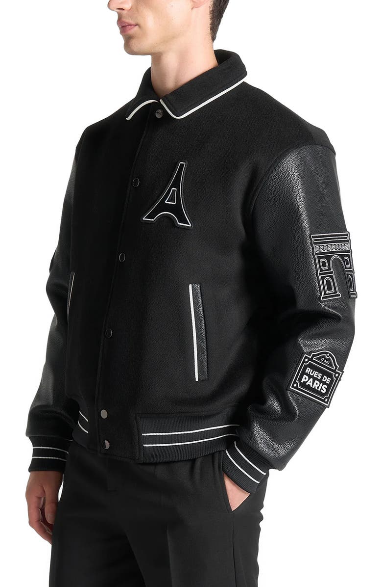 Manière De Voir Oscar Mona Lisa Wool Blend Varsity Jacket, Alternate, color, Black