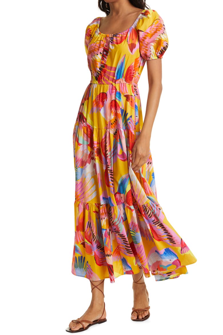Neon Macaws Puff Sleeve Cotton Maxi Dress, Alternate, color, NEON MACAWS