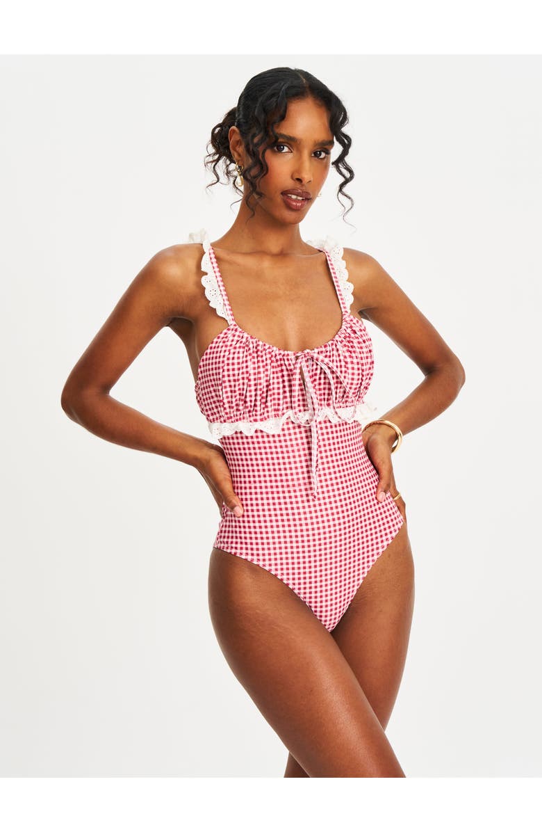 Miss Circle Hallie Gingham Lace Backless Swimsuit, Alternate, color, Red