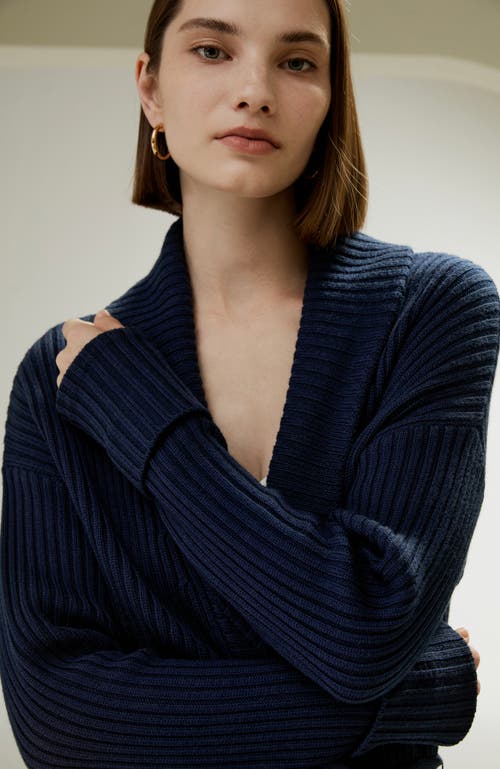 Lilysilk Merino Wool Shawl Collar Cardigan In Navy Blue