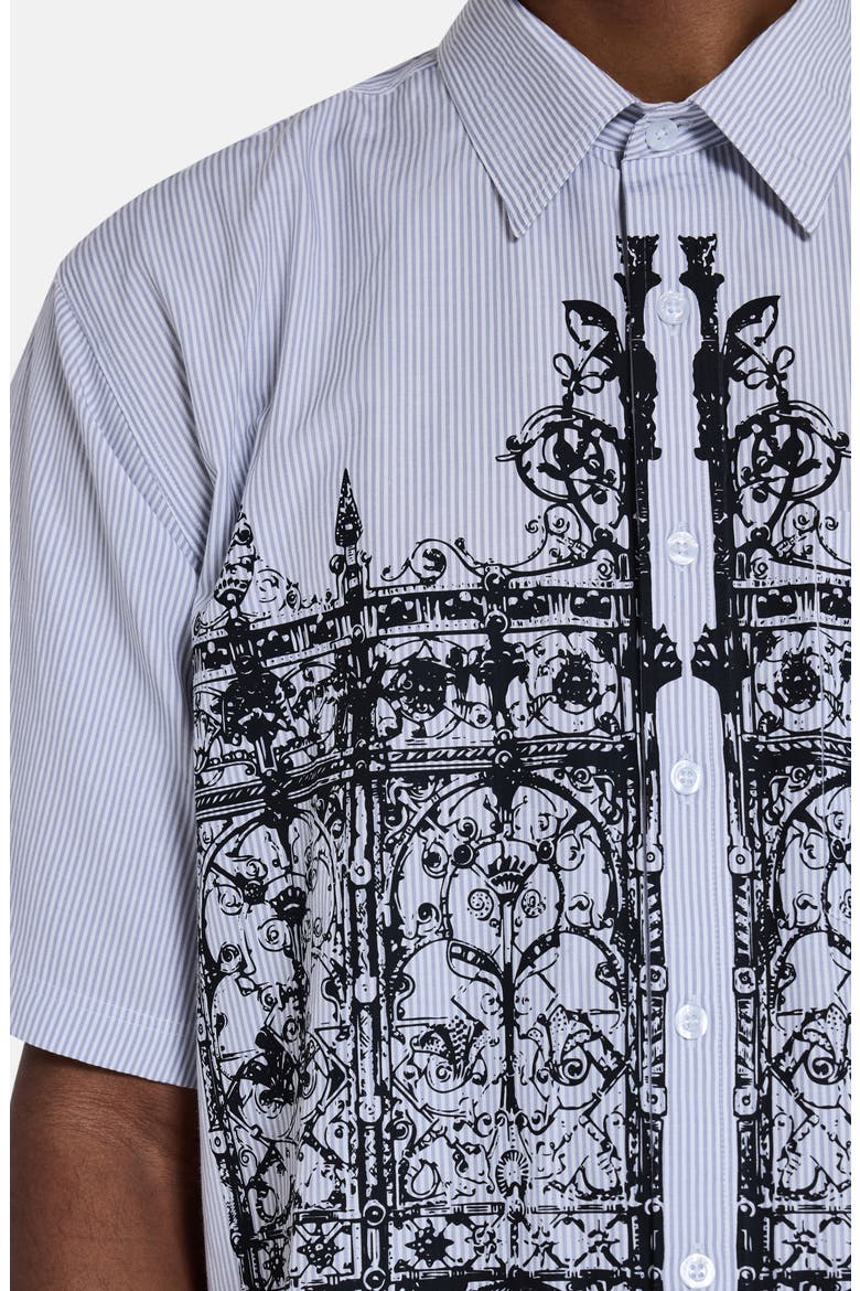 Overprinted Pinstripe Short Sleeve Graphic Button-Up Shirt, Alternate, color, GREY