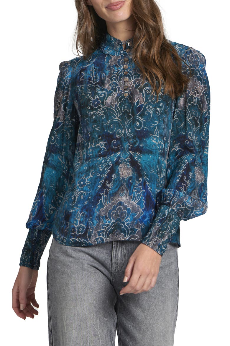 Puff Shoulder Button Front Top, Main, color, TURQUOISE MULTI