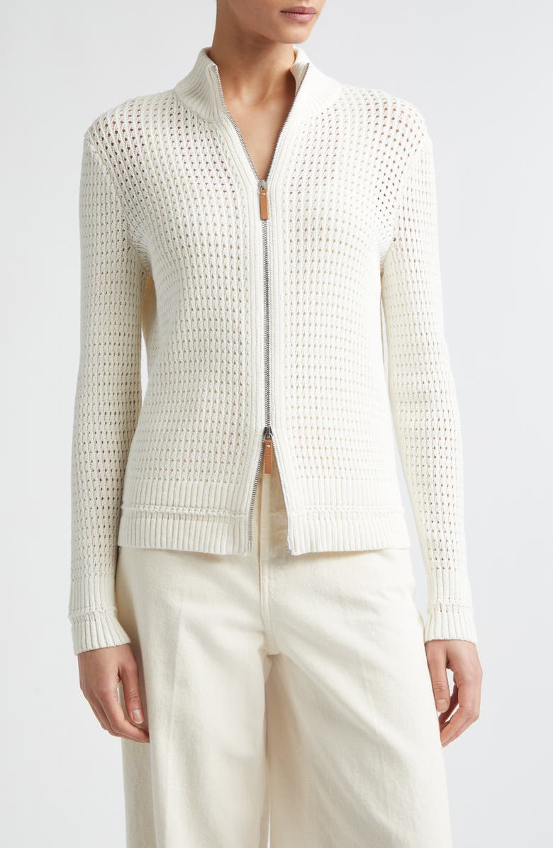 Lafayette 148 New York Open Stitch Cotton & Linen Blend Zip Cardigan, Main, color, Cloud