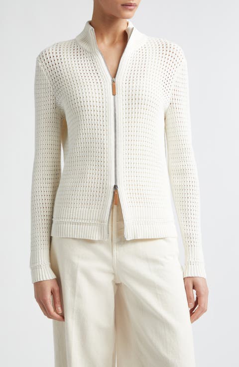 Open Stitch Cotton & Linen Blend Zip Cardigan