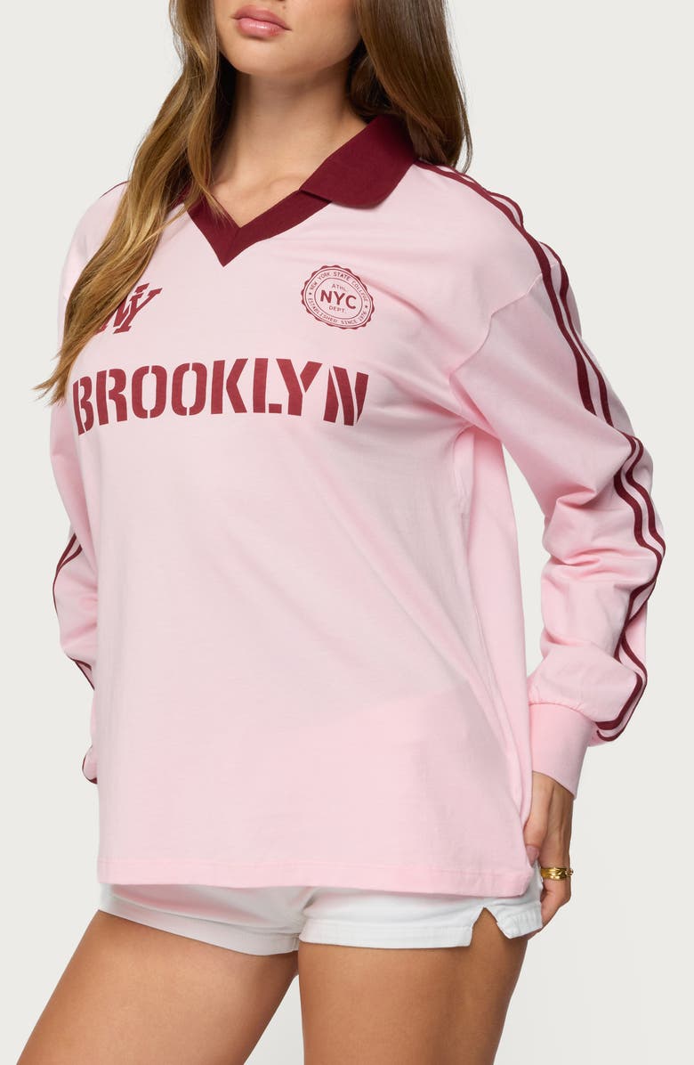 EDIKTED Brooklyn Johnny Collar Cotton Graphic T-Shirt, Alternate, color, Light-Pink