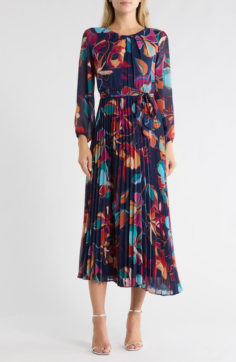 SANDRA DARREN Pleated Long Sleeve Maxi Dress, Main, color, Navy Multi