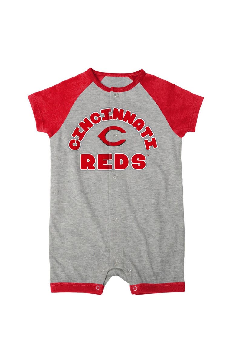 Outerstuff Infant  Heather Gray Cincinnati Reds Extra Base Hit Raglan Full-Snap Romper, Alternate, color, 