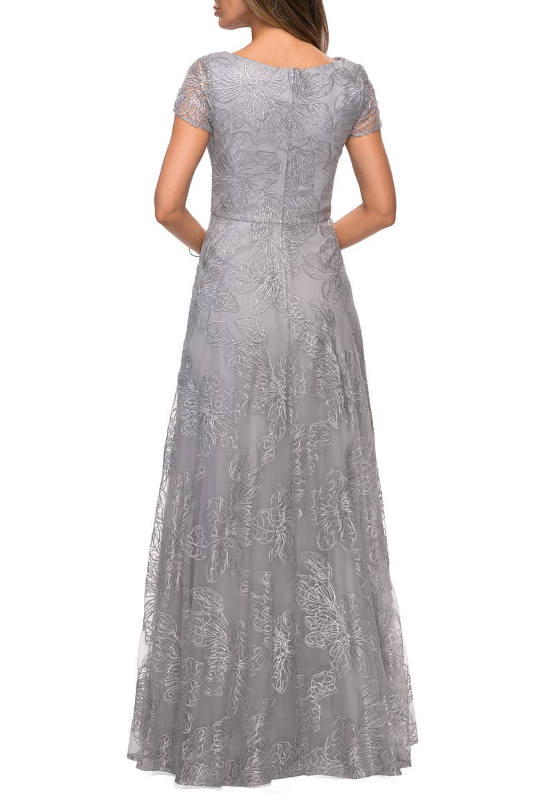 Sequin Lace A-line Gown with Sheer Short Sleeves, Alternate, color, Silver