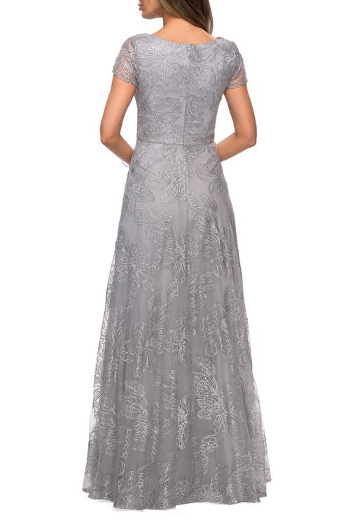 Shop La Femme Sequin Lace A-line Gown With Sheer Short Sleeves In Silver