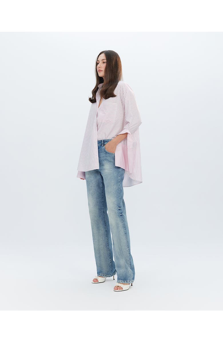 THEO The Label Echo Side Button Boyfriend Stripe Shirt, Alternate, color, Lantana