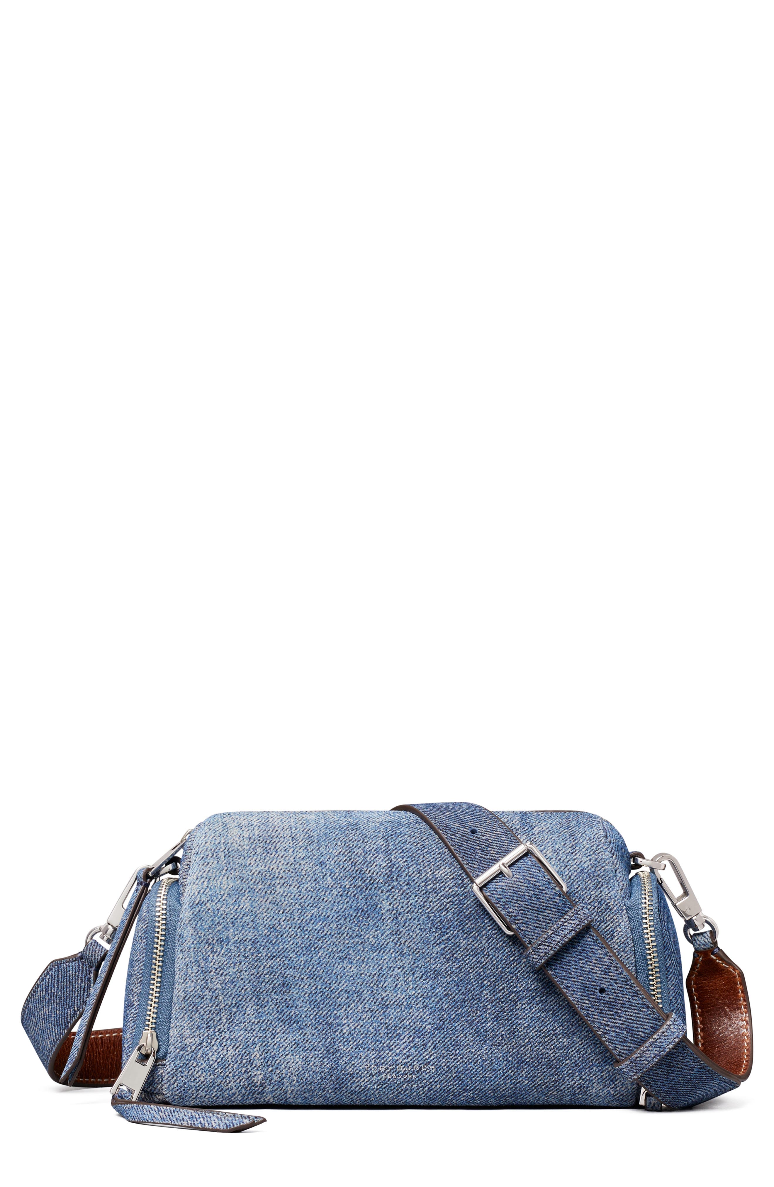 Tory Burch Perry Suede Crossbody Bag, Main, color, Blue Jean