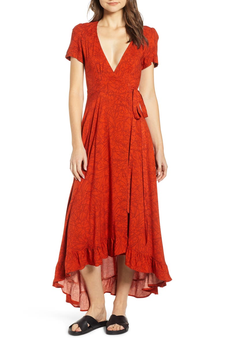 Daniella Floral Print Wrap Dress, Main, color, RED OCHRE