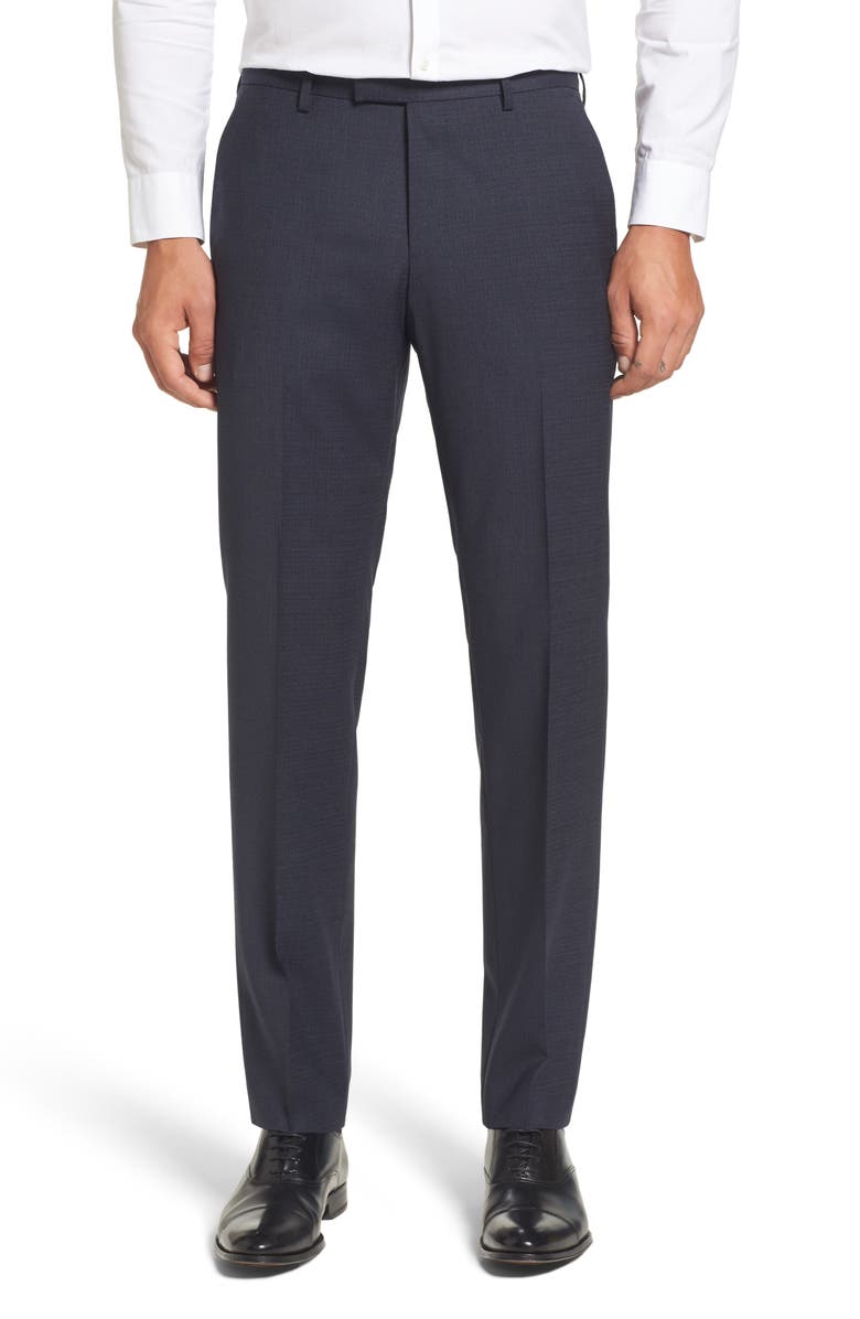 BOSS Leenon Classic Fit Plaid Stretch Wool Trousers, Main, color, Navy