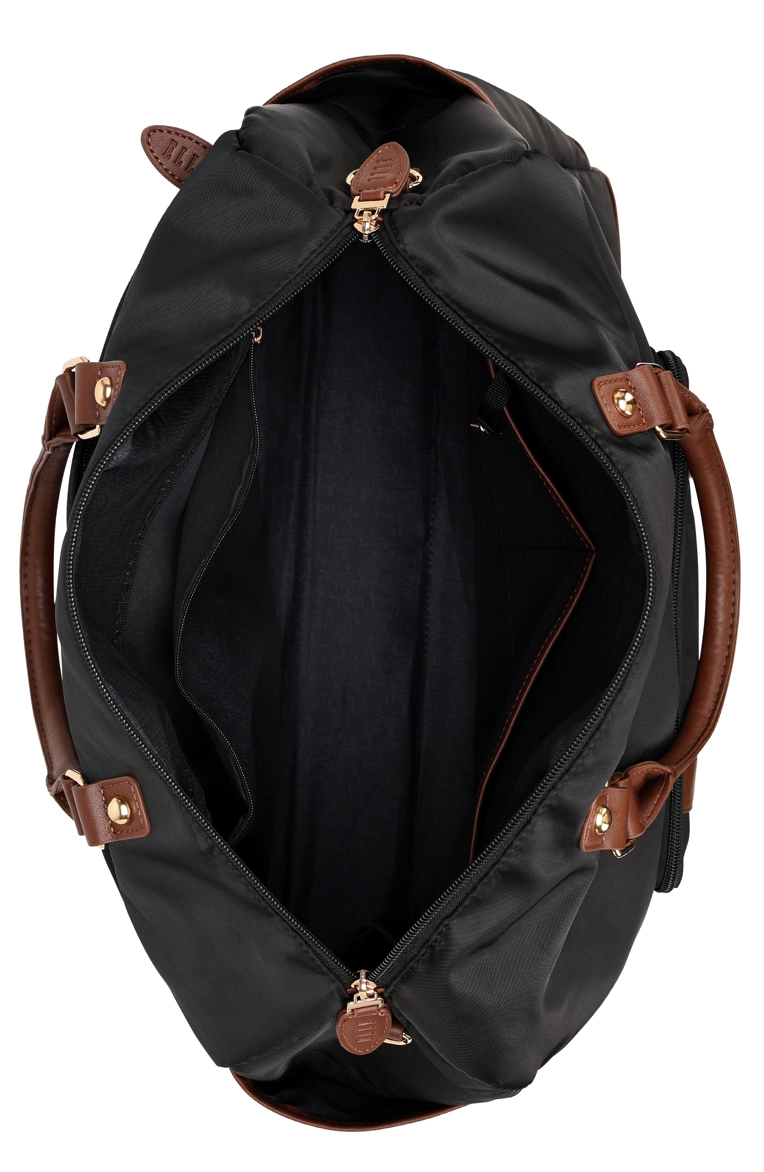 ELLE Luxe Journey 30L Twill and Vegan Leather Weekender Duffel Bag, Alternate, color, Black