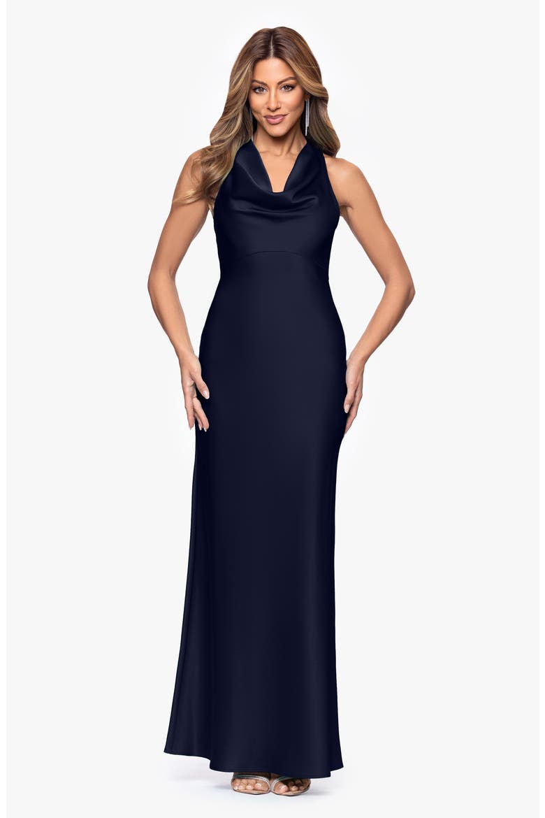 Cowl Neck Satin Gown, Alternate, color, NAVY