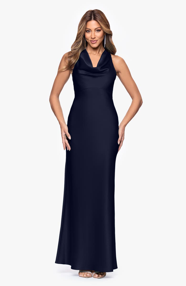 Xscape Evenings Cowl Neck Satin Gown, Alternate, color, Navy